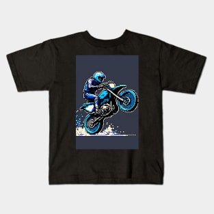 Dirt bike cool wheelie - pixel art style blue and tan Kids T-Shirt